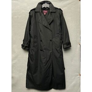 Vintage CC Hughes Black Trench Coat Women's Large Double Breasted Belted Maxi